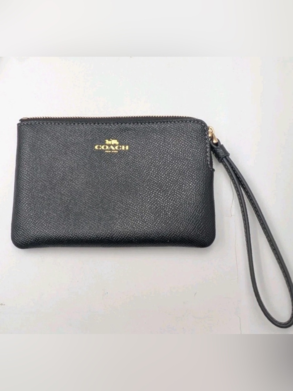 Coach Black Textured Leather Wristlet with Gold Logo (NWT)